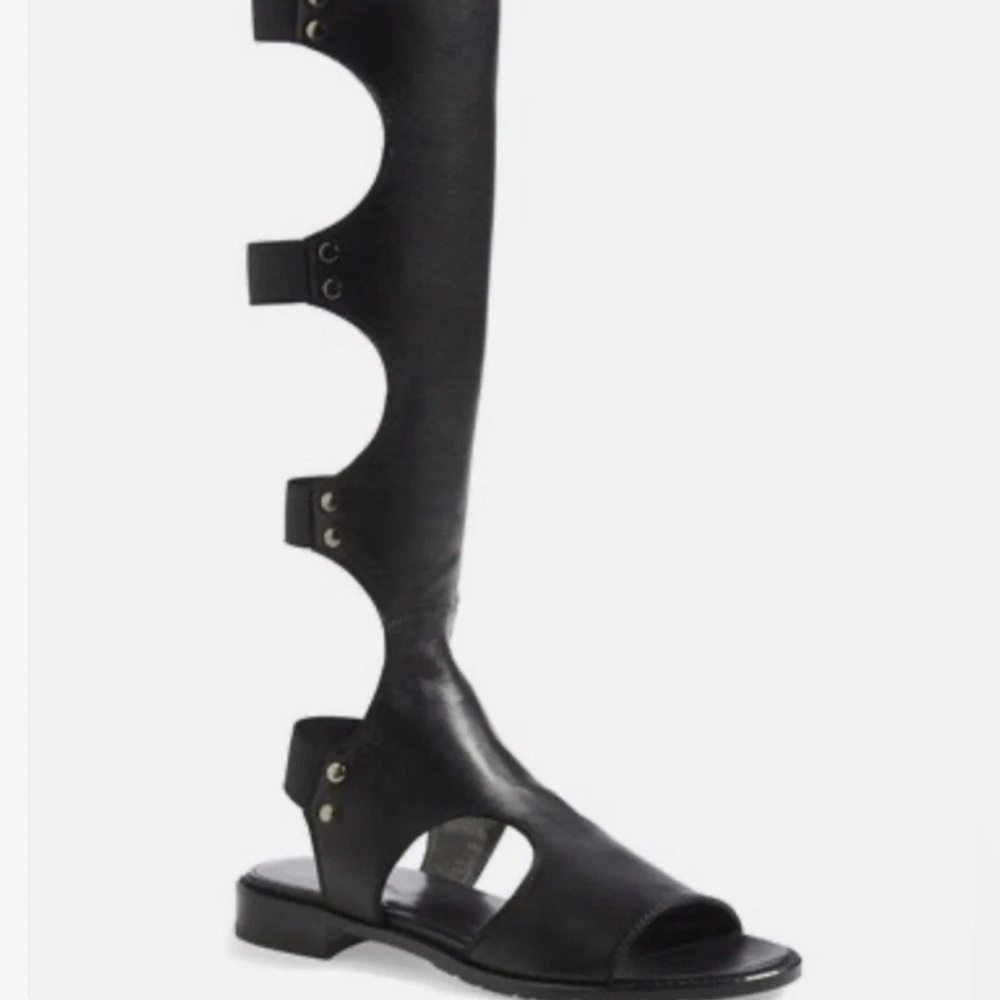 Stuart Weitzman Backview Tall Gladiator Black Leather Sandal Size 37 US 6.5 - Picture 2 of 9